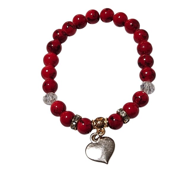 Retro Red Beaded Heart Charm Bracelet Crystal Accents Valentines Day Jewelry - Picture 1 of 4